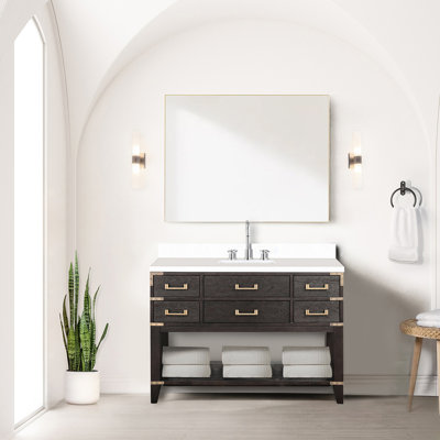 Meuble-lavabo simple en chêne brun de l 48 po x P 22 po, comptoir et robinet en marbre de culture à fermeture en douceur, 5 tiroirs et armoire ouverte pour plus de rangement dans la salle de bain, avec une capacité de l 48 po x P 22 po et un comptoir de 5 po