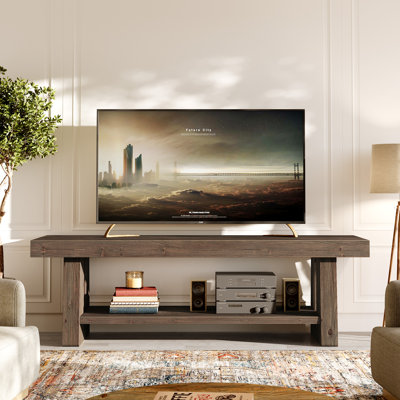 Meuble télé 63 po en bois massif, centre de divertissement de ferme à 2 niveaux avec tablettes de rangement ouvertes