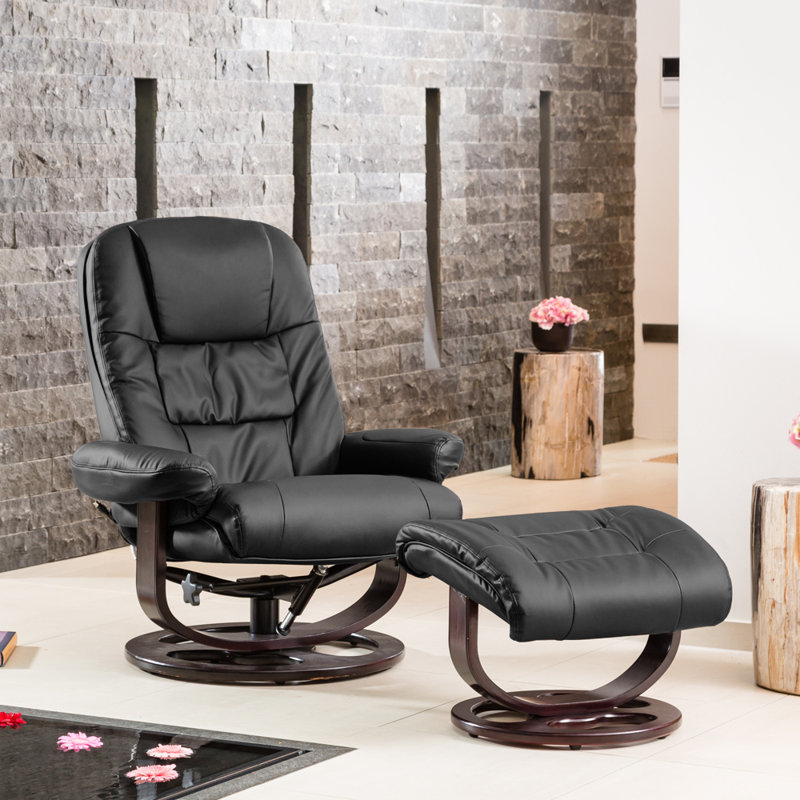 Robeson 88cm Wide Faux Leather Swivel Ergonomic Recliner with Massager, Black