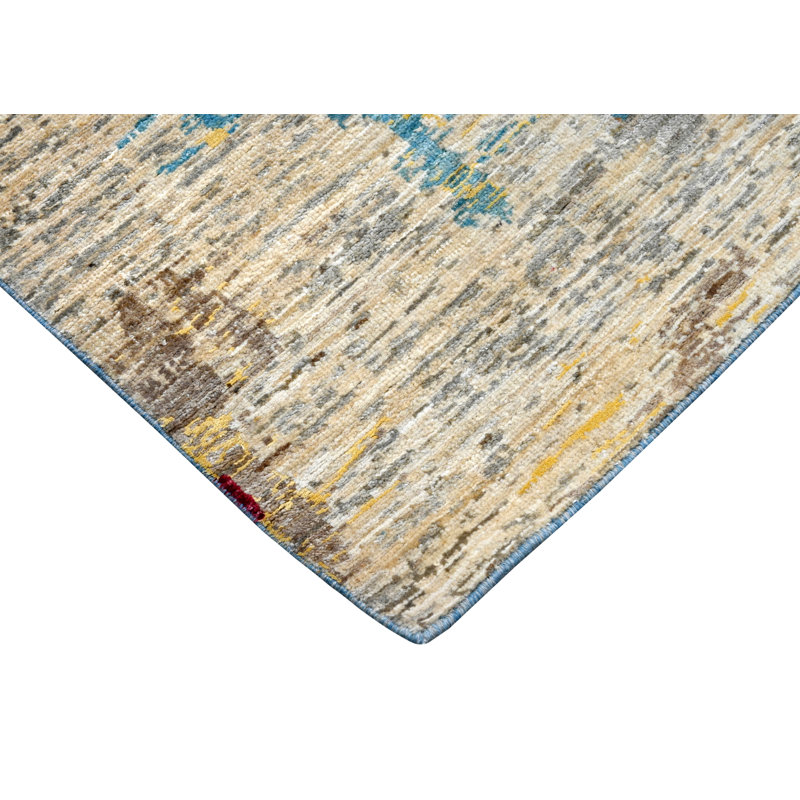 Tapis rouge, bleu et beige noué à la main de haute qualité
