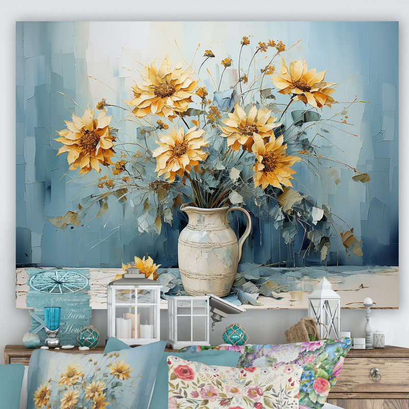 «Blue Sunflowers Farmhouse Still Life» sur toile, H 12 po x l 20 po x P 1 po, Toile tendue