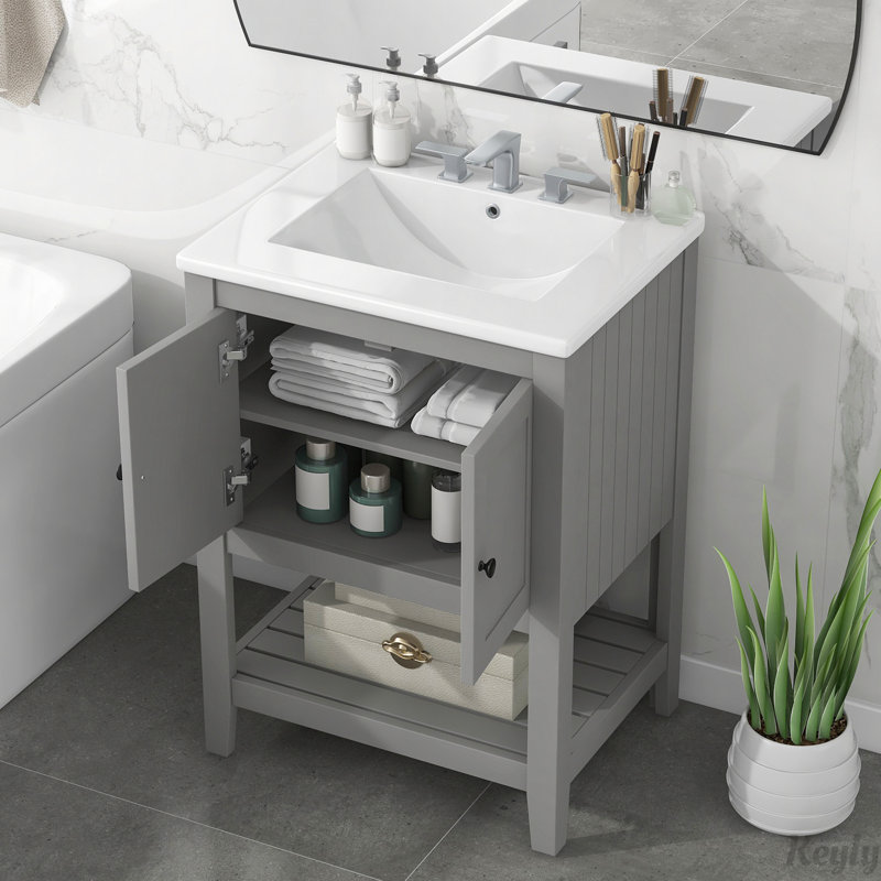 24" Modern Sleek Bathroom Vanity Elegant Ceramic Sink, Gray