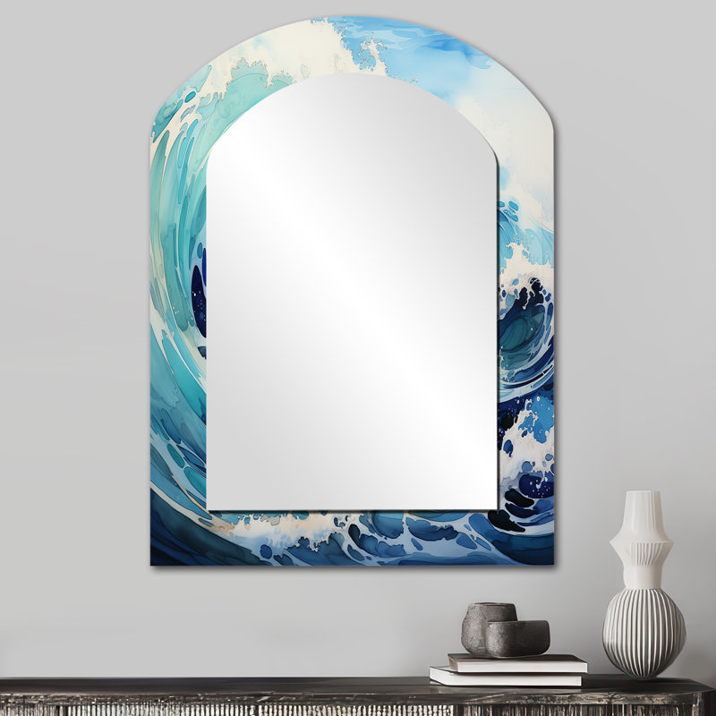 Blue Wave Ocean Storm - miroir mural décoratif asymétrique, grand arc bleu, impression sur métal, 34 po x 25 po