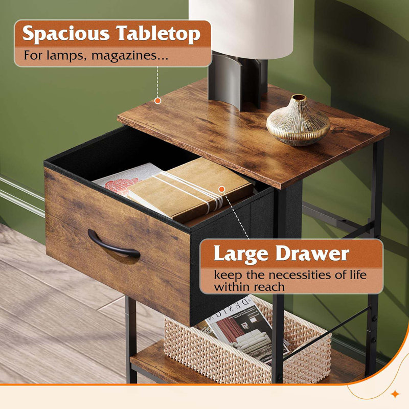 Nightstand, Bedside Side Table For Bedroom, Dorm With Steel Frame, Night Stand End Table With Fabric Storage Drawer, Easy Assembly, Rustic Brown Wood Grain Print, 11.73''D 15.67''W 25.03" H