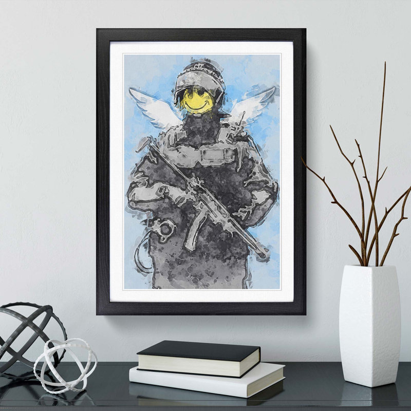 Smiley Policeman by Banksy - Picture Frame Painting Print, 36cm H x 27cm W x 2cm D, Black Framed