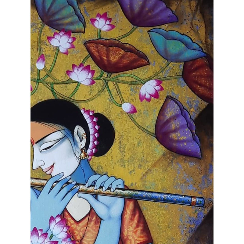 «Radha Krishna with Lotus», peinture acrylique sur toile par Pravin Utge
