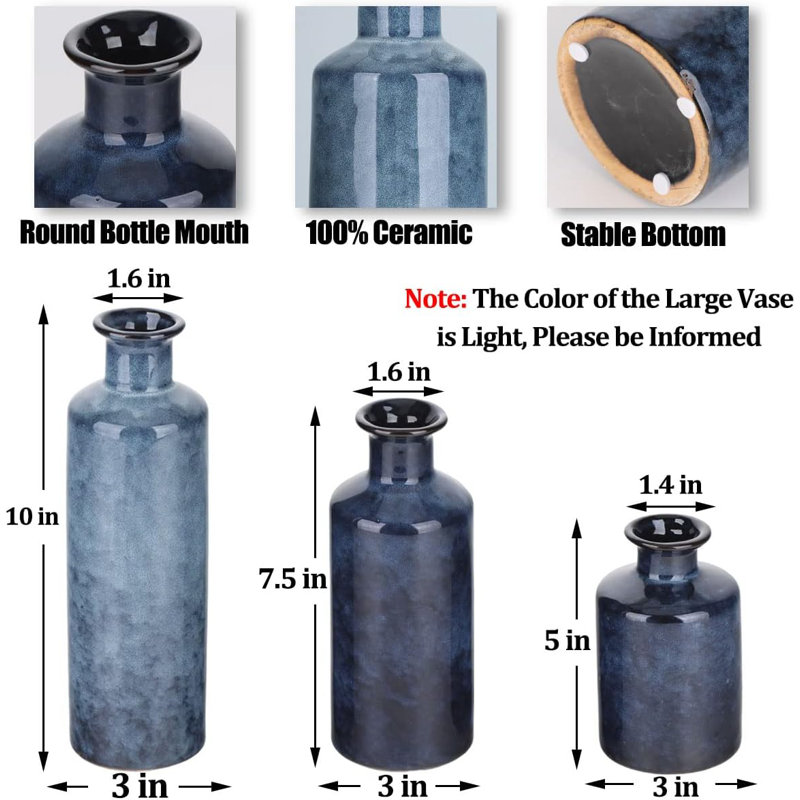 Set Of 3 Blue Ceramic Vases 