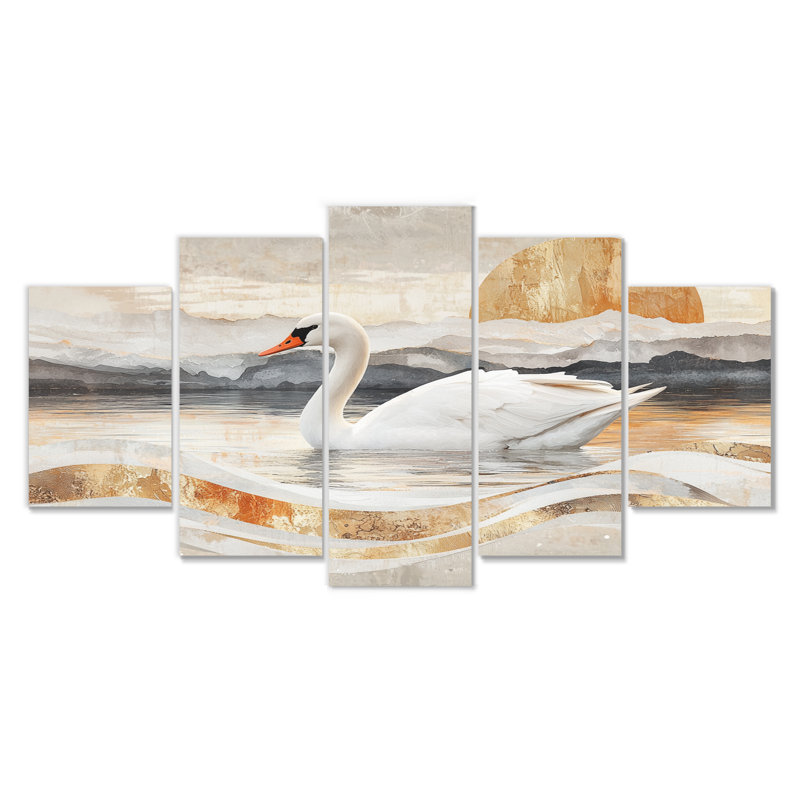 Coucher de soleil sur les reflets de l'élégance II - Art mural animal cygnes - Art mural moderne pour le salon 5 pièces