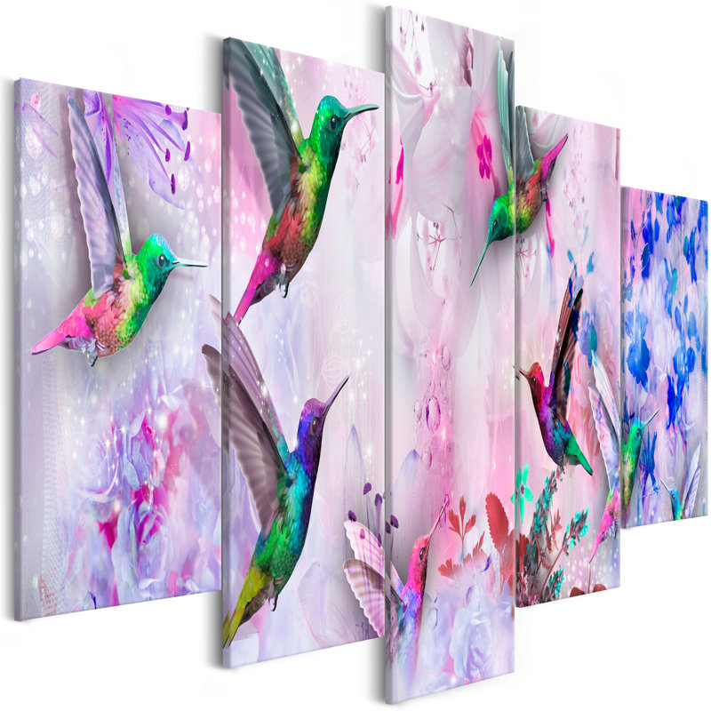 Colourful Hummingbirds - 5 Piece Wrapped Canvas Print, 100 cm H x 200 cm W, Violet