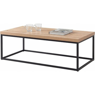 Table basse en chêne naturel, table basse industrielle moderne en bois et métal