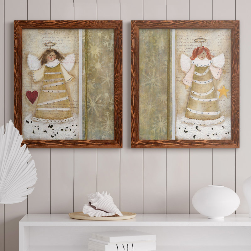 «Cloud Angel with Heart», ensemble de 2 peintures, H 20 po x l 17 po x P 1 po, Toile avec cadre érable, Pas de tapis