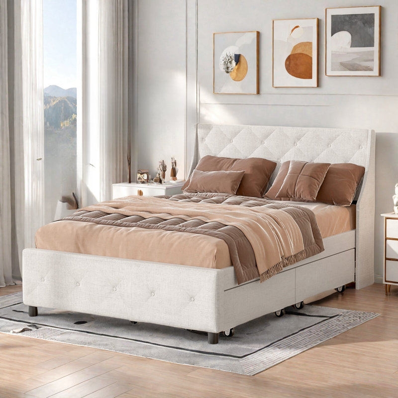 Lit plateforme tapissier avec 2 tiroirs, capitonnage à boutons et tête de lit à oreilles