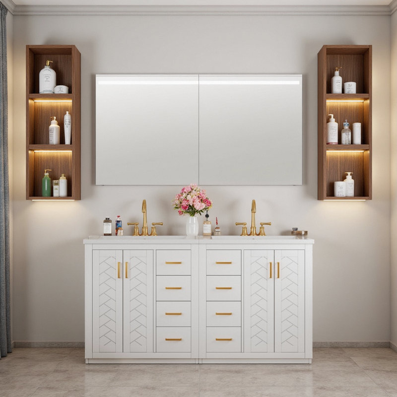 Ensemble de meuble-lavabo double 60 po avec lavabos en céramique, Blanc