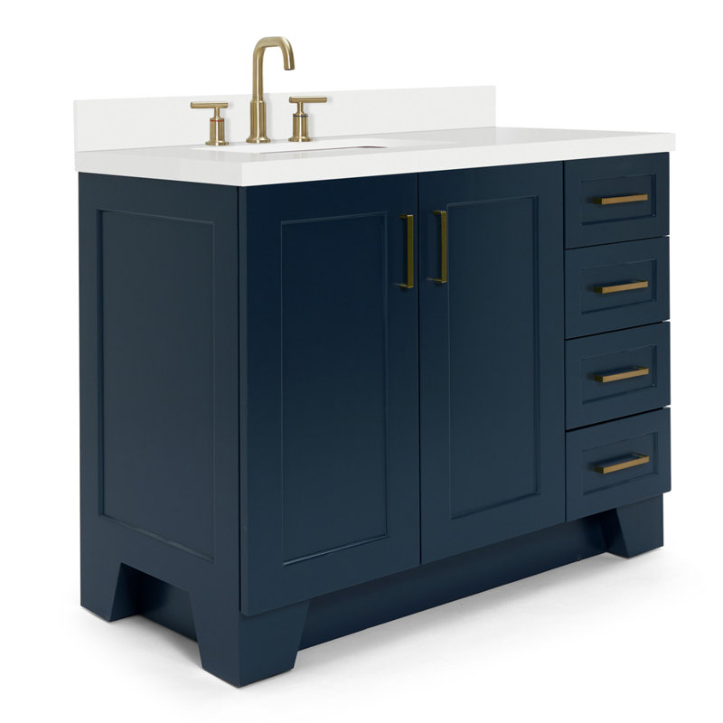 Meuble-lavabo simple en bois d'hévéa Freitas, Bleu minuit, Rectangular, Gauche