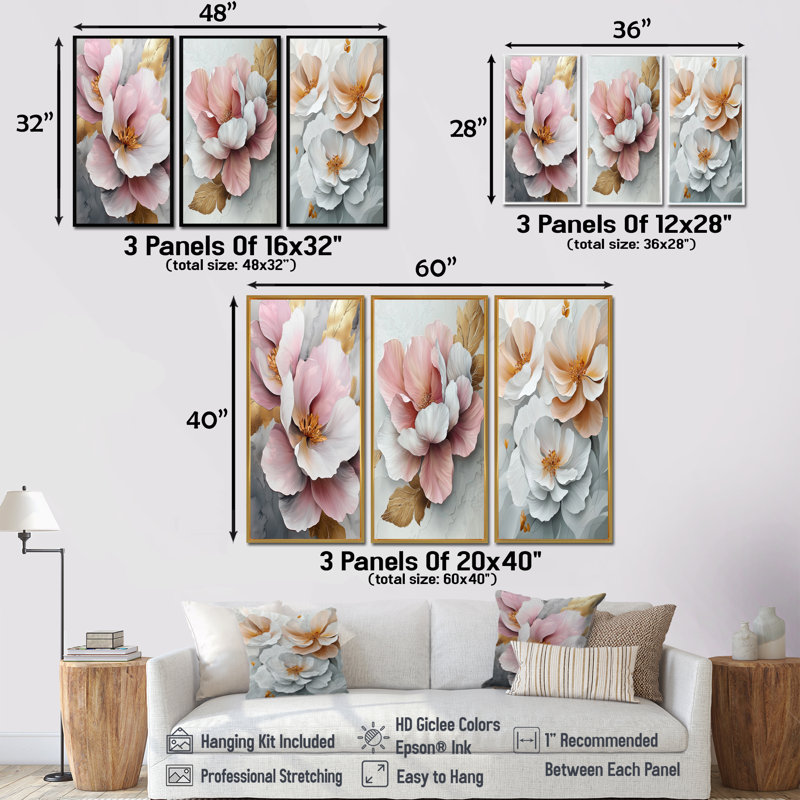 Blanc et rose, pivoines élégantes I - Collection de décorations murales pivoines, H 28 po x l 36 po, Crème, crème
