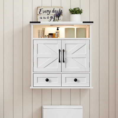 Farmhouse Wall Bathroom Cabinet With Drawers, Led Light - Shaker Style Wall Mount Storage Organizer With Adjustable Shelves For Bathroom, Kitchen, Entryway