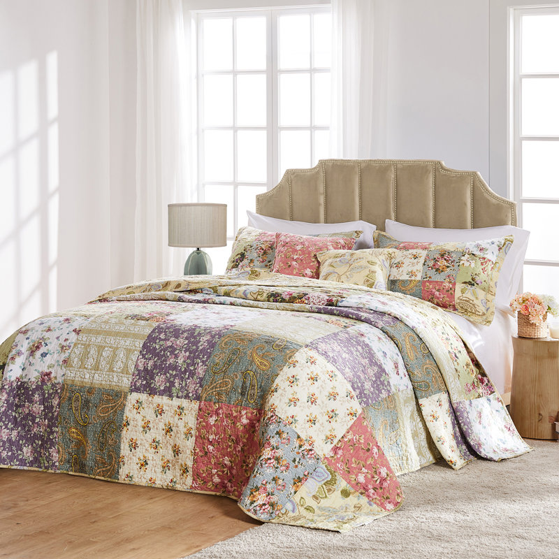 Blue Cotton Twin Reversible Patchwork Bedspread Set
