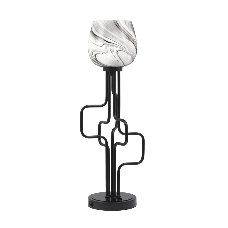 Lampe d'appoint Amarmula, avec ports USB, finition noir mat, verre tourbillon onyx 6 po, Noir