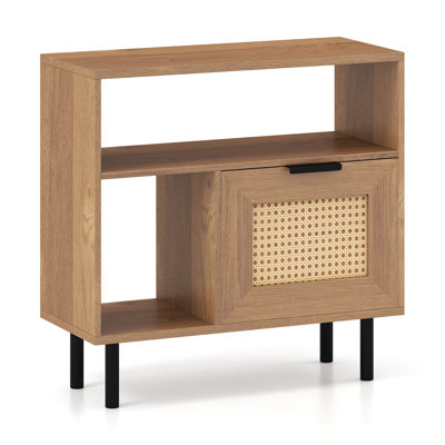 Boho Rattan Nightstand Wooden End Table with Storage Shelf Cabinet & Metal Legs