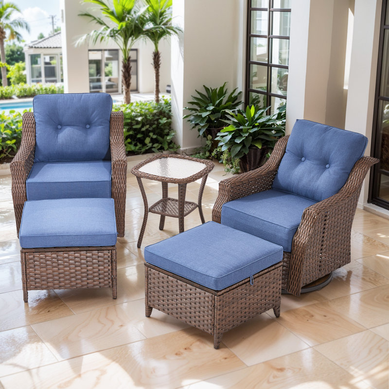 Acton 5 - Pieces Outdoor Wicker Swivel Rocker Seating Group With Ottomans And 6" Thick Cushions, Blue
