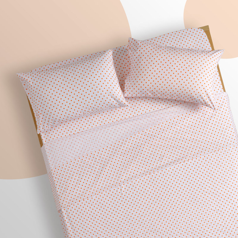 Microfiber Polka Dots Fitted Sheet, White/Orange, Twin Sheet Set + 1 Fitted Sheet + 1 Pillowcase