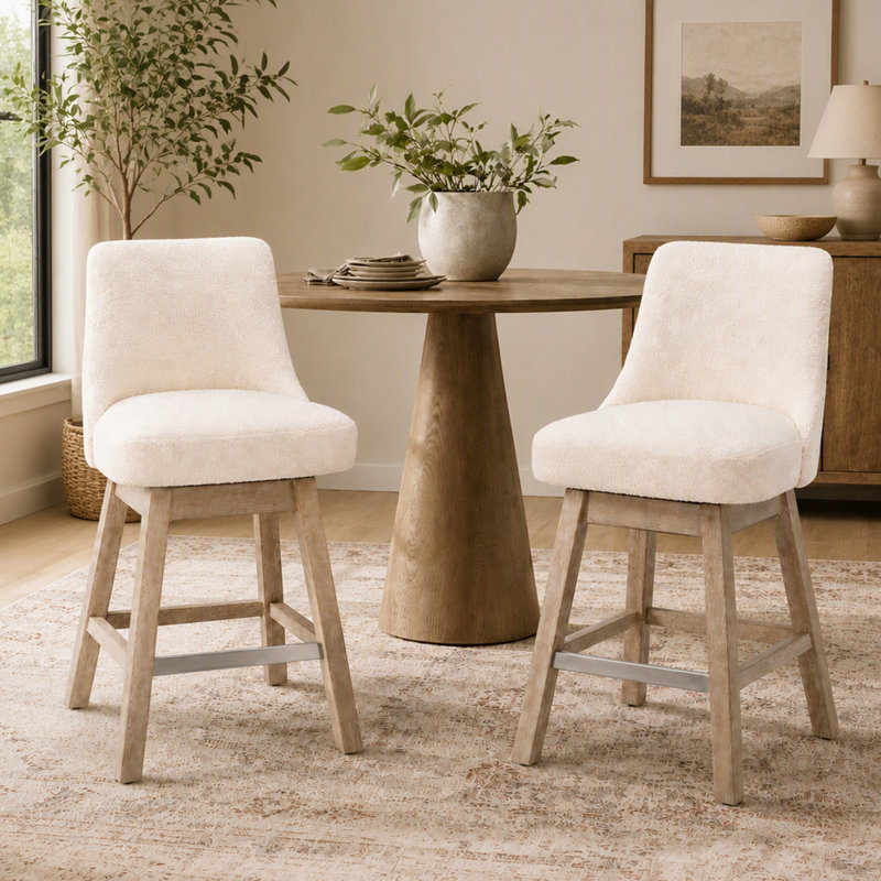 Ensemble de 2 tabourets de bar pivotants à 360° avec dossier et pieds en bois massif, Beige