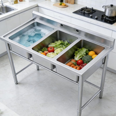 304 Stainless Steel 39x17.7x40.2inch Triple Bowl Utility Sink – Freestanding Commercial Wash Station with Integrated   & Open Shelf – Rust-Resistant for Garage. Kitchen & Laundry