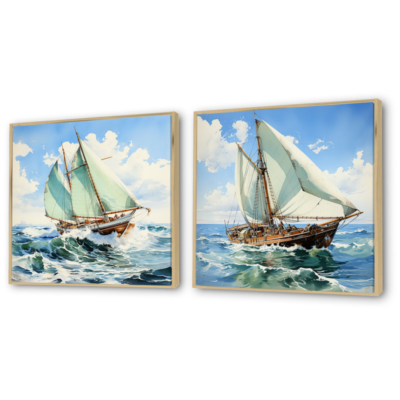 Voilier aquarelle, horizon vert I - ensemble de 2 impressions sur toile, Encadrement brun, H 36 po x l 73 po x P 1,5 po