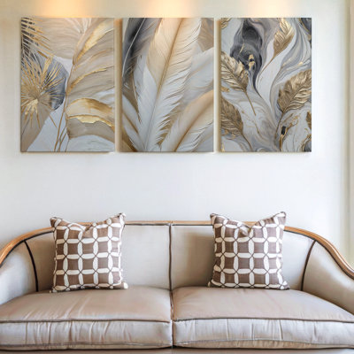 3 Pieces Elegant Feather and Leaf Large Wall Art in Gold and Neutral Tones, Three Pieces Wall Art for Living Room, Bedroom, Office, and Home Decor
