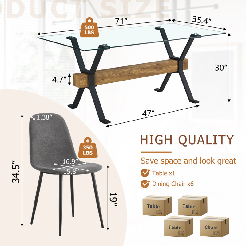 71'' Clear Glass Top Dining Table with Brown Faux Leather Chairs