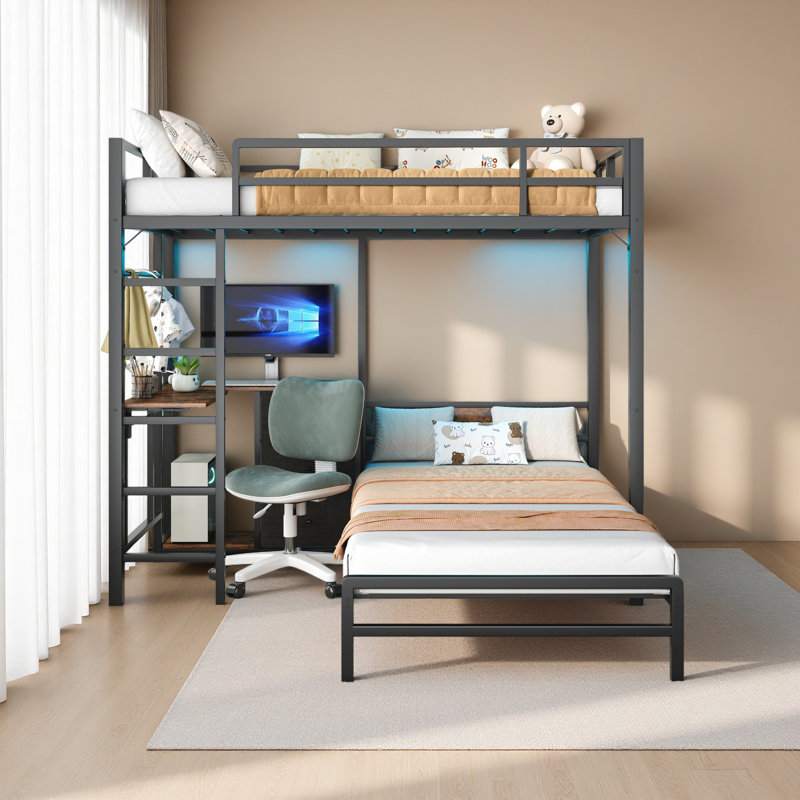 Bunk Bed With Folding Table, 3 Storage Drawers, Made Of Metal, Suitable For A Single Bed, Equipped With LED Lights And Charging Stations