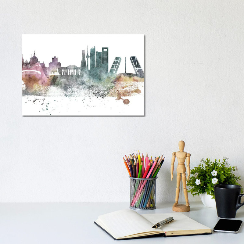 Madrid Pastel Skyline by Wall Decor Addict - Wrapped Canvas Painting, 20.32 cm H x 30.48 cm W