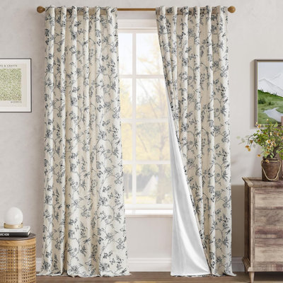 Linen Blend Floral Curtains for Living Room Rod Pocket Cutain Pair