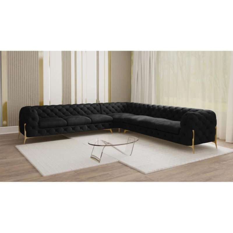 Chesterfield Corner Sofa L-Shape  with Gold Metal Legs, Black