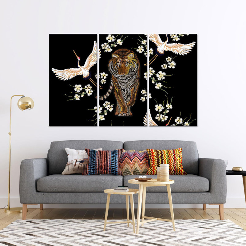 Élégante toile imprimée: «Tiger & Cranes in Floral Asian Decor», toile tendue 3P, 23,6 po H x 47,2 po l