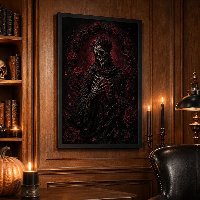 «Black Robed Skeleton tenant une rose rouge», 30"H x 20"W