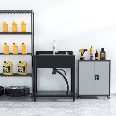 42 po Évier utilitaire autoportant en acier inoxydable avec robinet d'eau froide et chaude, évier de cuisine extérieur avec ensemble de drain, évier pour la salle de bain, cour arrière, bar, argenté
