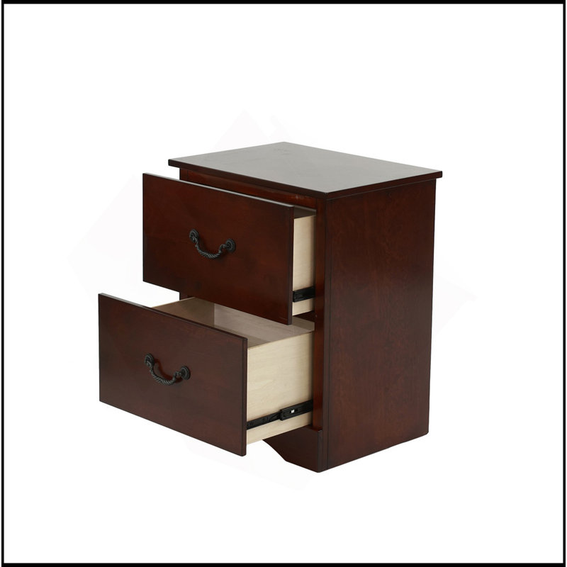 2 Drawers Pine Wood Nightstand, Cherry