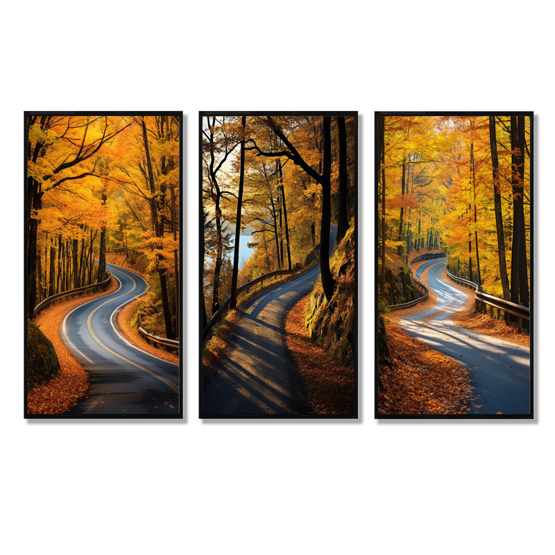 Passerelle automne route dans la forêt I - ensemble de 3 impressions sur toile routières, Cadre flottant noir