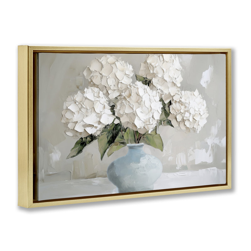 Bouquet d'hortensias moderne tacheté, Cadre flottant métallique doré, H 21 po x l 31 po
