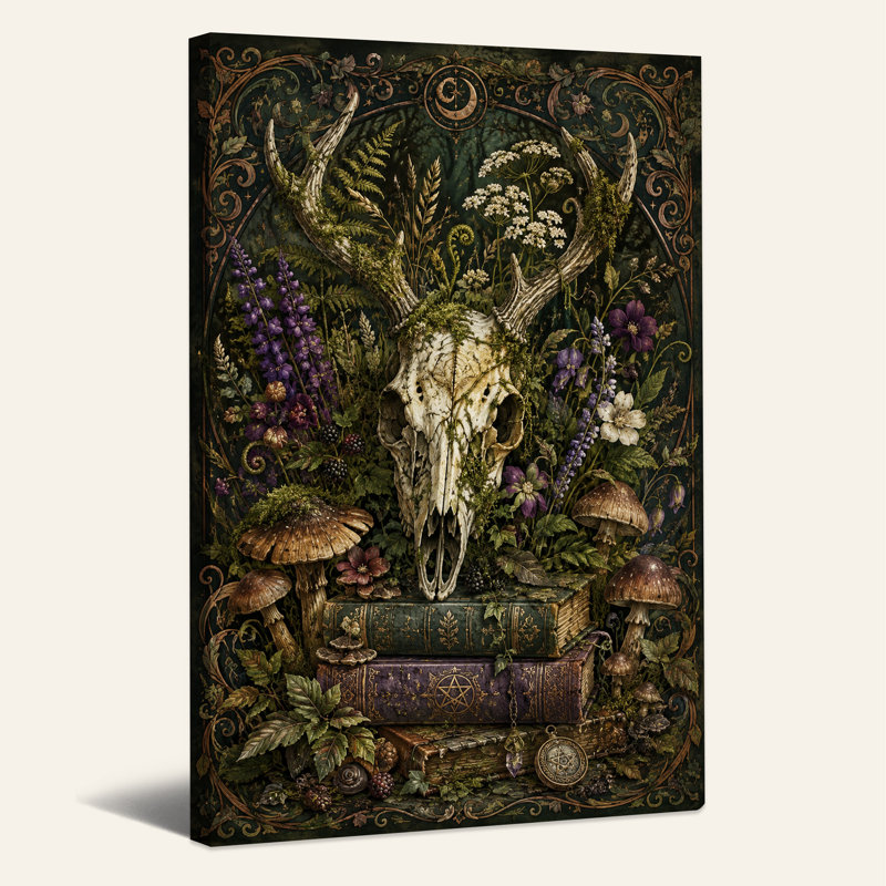 Art mural sur toile, crâne de cerf blanc avec bois et champignons sur Halloween, 30"H x 20"W
