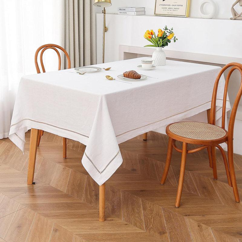 Plateau de table / nappe en lin naturel français avec bordure en point ajouré, Blanc / Blanc