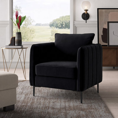 Mid-Century Modern Velvet Accent Chair, Comfy Upholstered Single Armchair with Throw Pillow & Metal Legs, Reading Sofa Chair for Living Room, Bedroom, Office