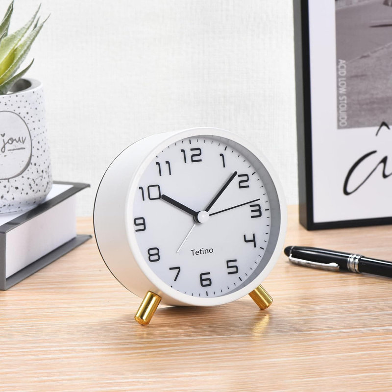Analogue Metal Electric Alarm Tabletop Clock, White