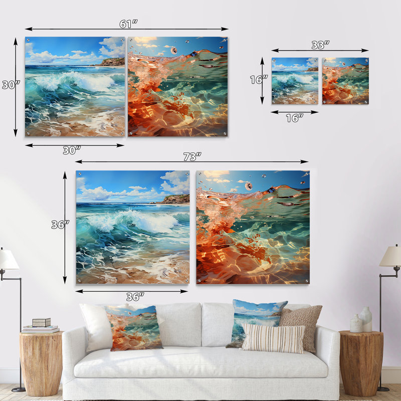 «Beach Photo Oceanic Rhythms» - Ensemble d'art mural en verre acrylique Coastal Beach, H 36 po x l 73 po