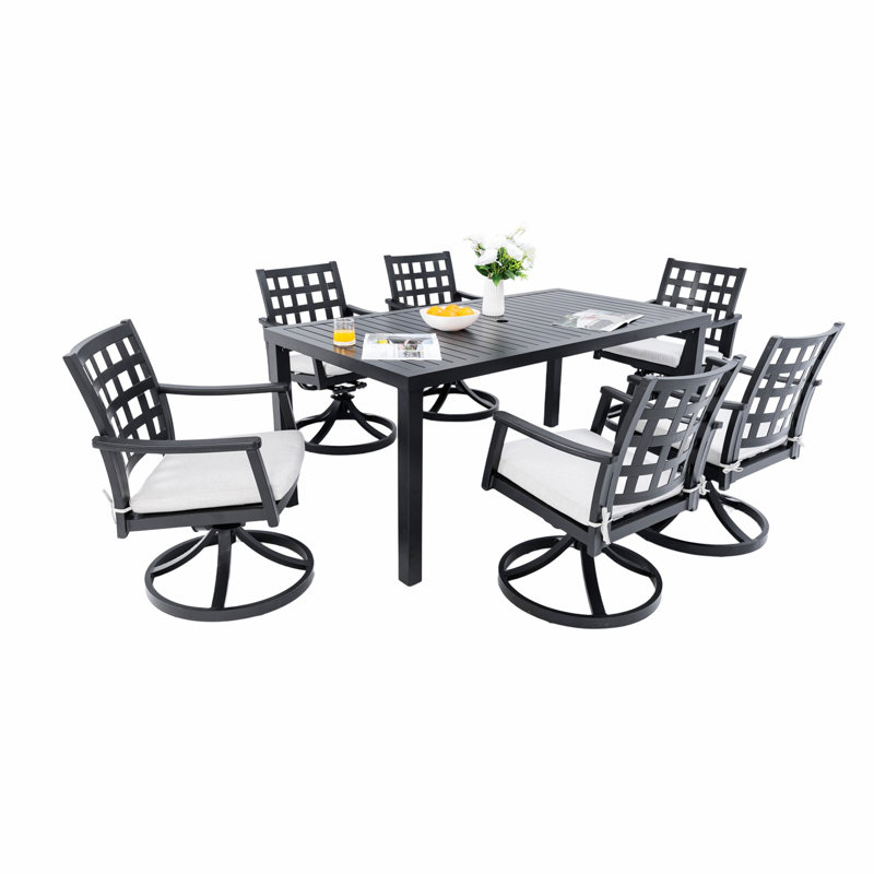 Ensemble de salle à manger d'extérieur 7 pièces, table rectangulaire et six chaises pivotantes pour le patio, 6