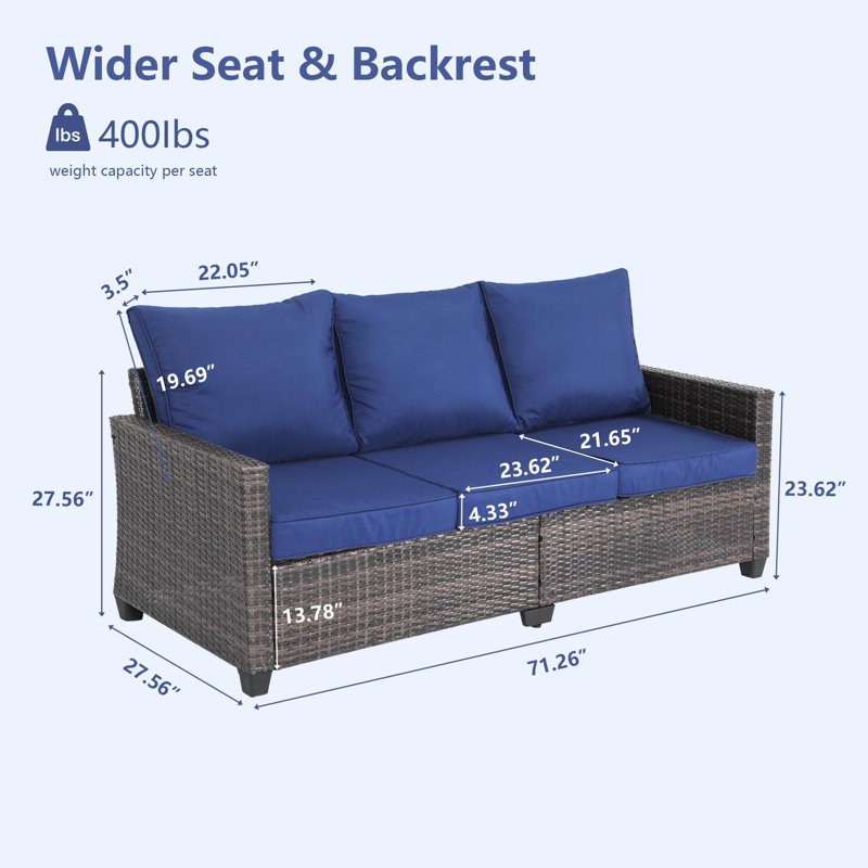 Decksplore 72" Wicker Patio Sofa with Cushions, All-Weather Outdoor Couch with High Back and Steel Frame, Demin Blue