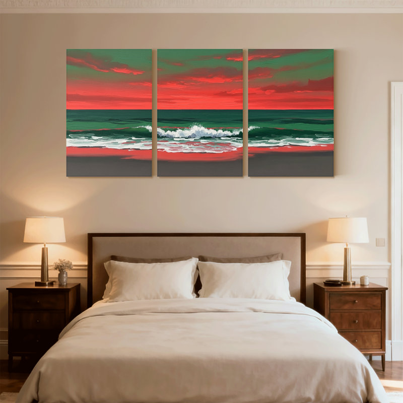 Nautique et plage, ciel rouge, vagues océaniques, coucher de soleil, ensemble de 3 impressions sur toile, H 24 po x l 48 po
