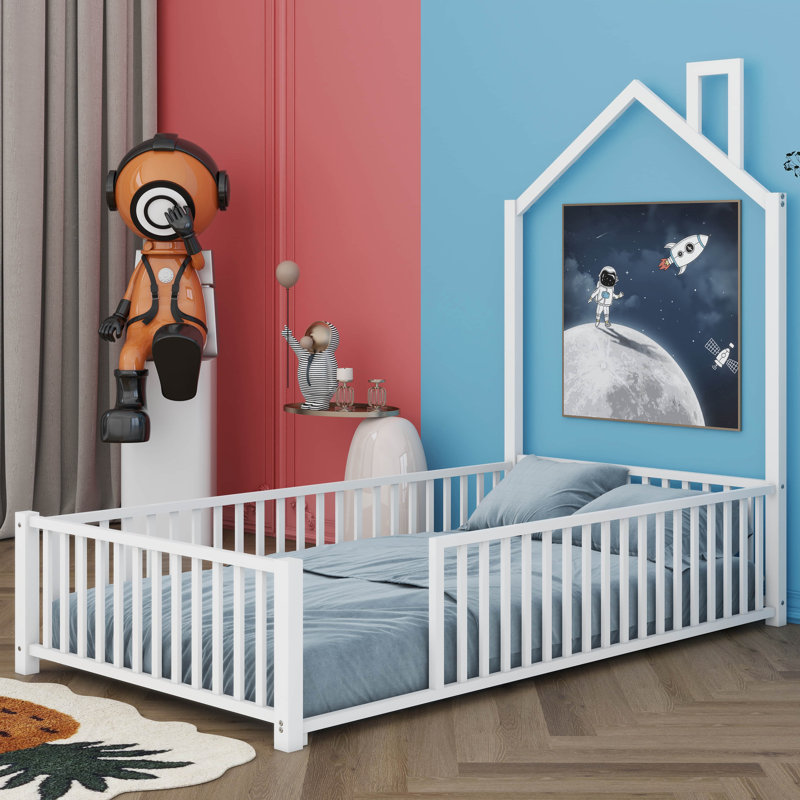 Metal House Platform Bed With Guardrail, Twin, White