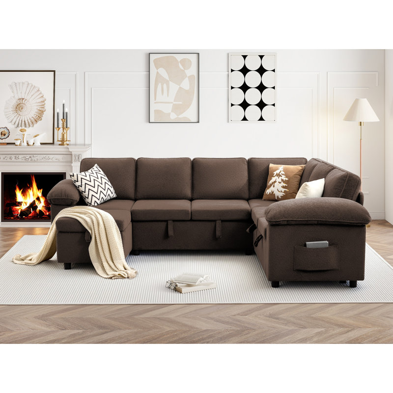 Waldorf 107.9" 7-Seat U-Shaped Sectional Sleeper Sofa With Pull-Out Bed Storage And Ottoman, Coffee Polyester